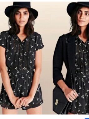 Urban Outfitters Cooperative Black White Floral Romper lace inserts